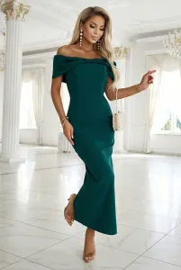 Numoco Elegantné midi šaty off-shoulder s mašľou – fľašková zelená 644-1 Farba: Zelená, Veľkosť: S