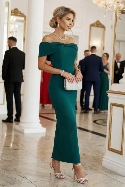 644-1 Sensual midi dress with a bow at the neckline - bottle green