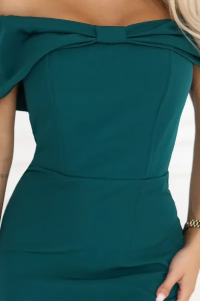 Numoco Elegantné midi šaty off-shoulder s mašľou – fľašková zelená 644-1 Farba: Zelená, Veľkosť: S