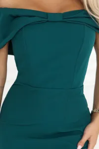 Numoco Elegantné midi šaty off-shoulder s mašľou – fľašková zelená 644-1 Farba: Zelená, Veľkosť: S