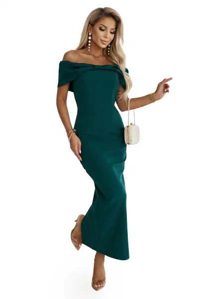 644-1 Sensual midi dress with a bow at the neckline - bottle green