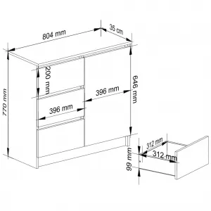 Ak furniture Komoda JERRY K 80 cm 1 dvere 3 zásuvky biela