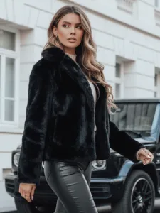 Dámsky krátky čierny kožuch GLAMFLUFFY