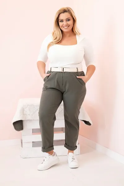 Legínovo Dámske bavlnené nohavice Plus Size s opaskom khaki Farba: Hnedá