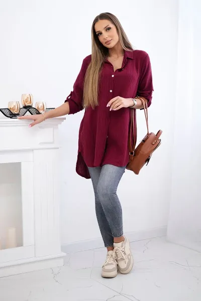 Legínovo Bavlnená mušelínová košeľa Plus Size béžová Farba: Bordová, Veľkosť: UNI