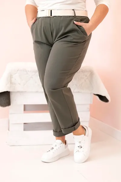 Legínovo Dámske bavlnené nohavice Plus Size s opaskom khaki Farba: Khaki