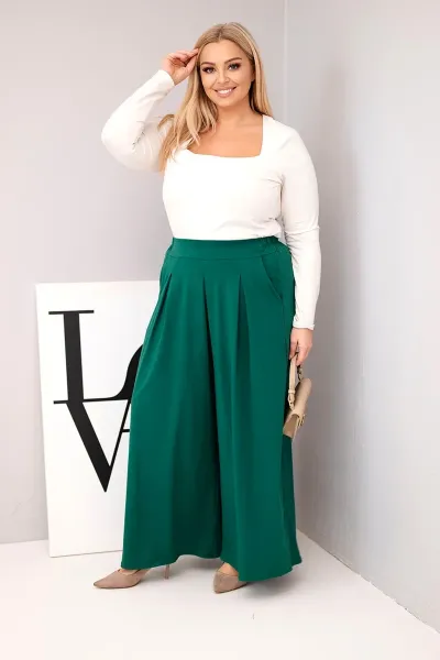 Kesi Włoski Dámske bavlnené nohavice Plus Size s širokými nohavicami a voľným strihom tmavozelené