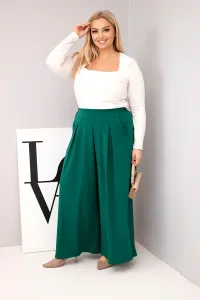 Kesi Włoski Dámske bavlnené nohavice Plus Size s širokými nohavicami a voľným strihom tmavozelené