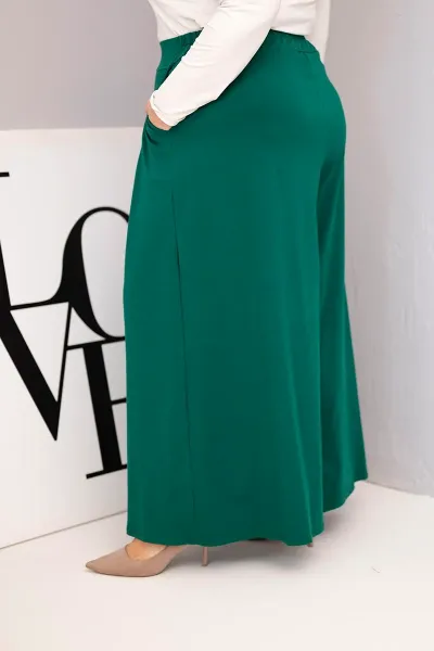 Kesi Włoski Dámske bavlnené nohavice Plus Size s širokými nohavicami a voľným strihom tmavozelené