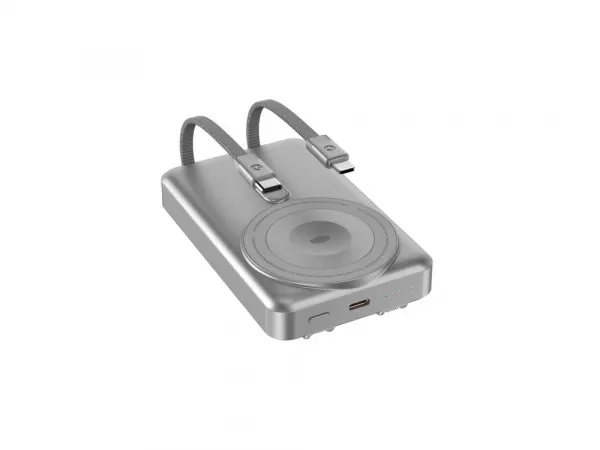 MagSafe powerbanka s nabíjaním Apple Watch, so stojanom a integrovanými káblami USB-C a Lightning, 5000 mAh, strieborná