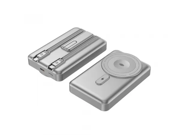 MagSafe powerbanka s nabíjaním Apple Watch, so stojanom a integrovanými káblami USB-C a Lightning, 5000 mAh, strieborná