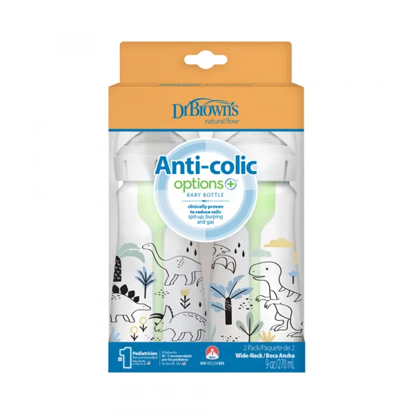Dojčenská fľaša Dino options+ Wide Neck 270 ml Anti-colic – 2 ks (WB92026)