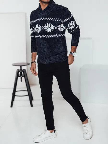 Sweter męski w śnieżynki granatowy Dstreet