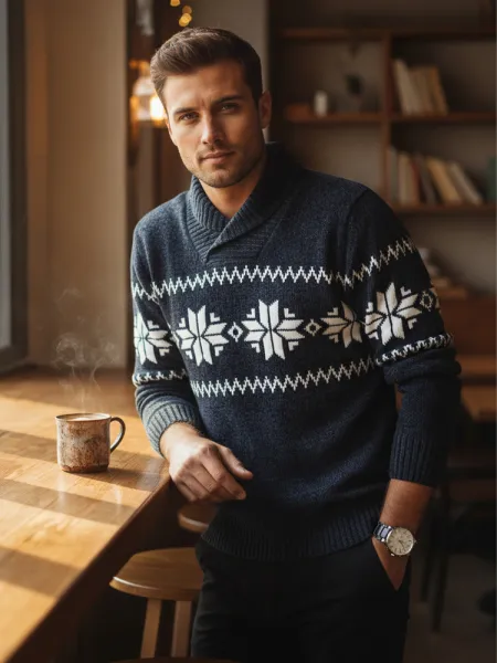 Sweter męski w śnieżynki granatowy Dstreet