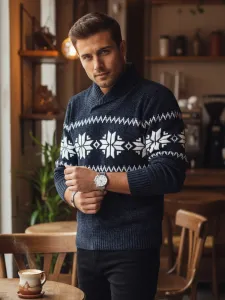 Sweter męski w śnieżynki granatowy Dstreet