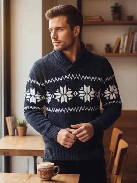 Sweter męski w śnieżynki granatowy Dstreet
