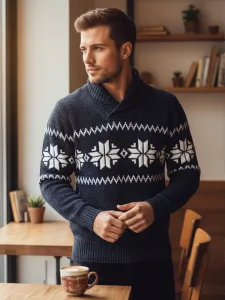 Sweter męski w śnieżynki granatowy Dstreet