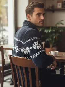 Sweter męski w śnieżynki granatowy Dstreet