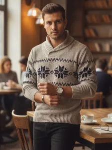 Sweter męski w śnieżynki kremowy Dstreet