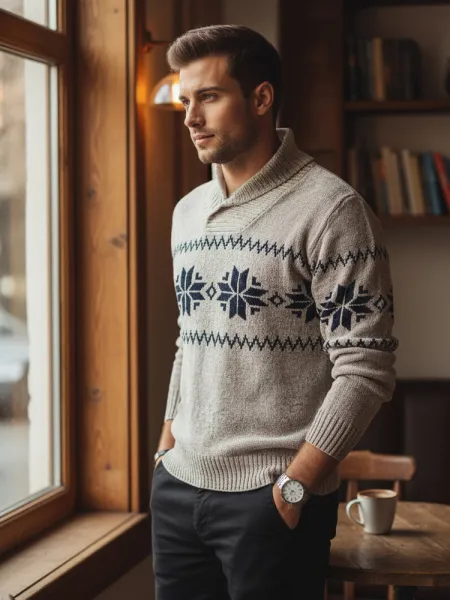 Sweter męski w śnieżynki kremowy Dstreet