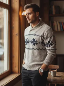 Sweter męski w śnieżynki kremowy Dstreet