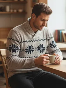 Sweter męski w śnieżynki kremowy Dstreet