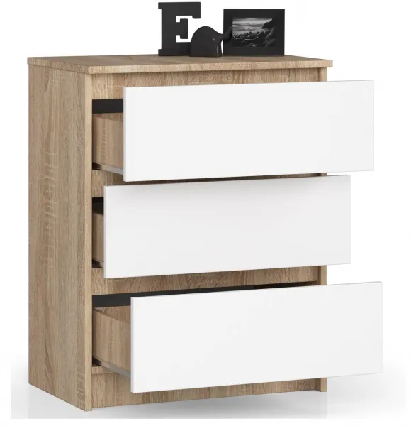 Ak furniture Komoda Kuba 60 cm - 3 zásuvky dub sonoma/biela