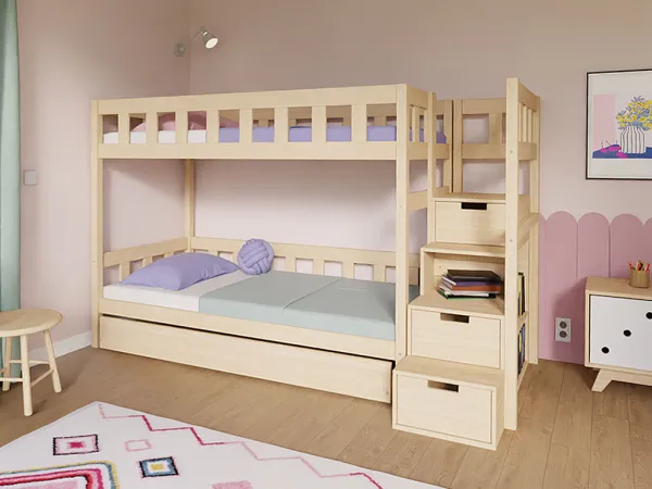 Benlemi Drevená poschodová posteľ PLOTTY s úložnými schodmi 90x200 cm Zvoľte farbu: Béžová, Zvoľte šuplík: Bez šuplíka, Zvoľte stranu: Vpravo