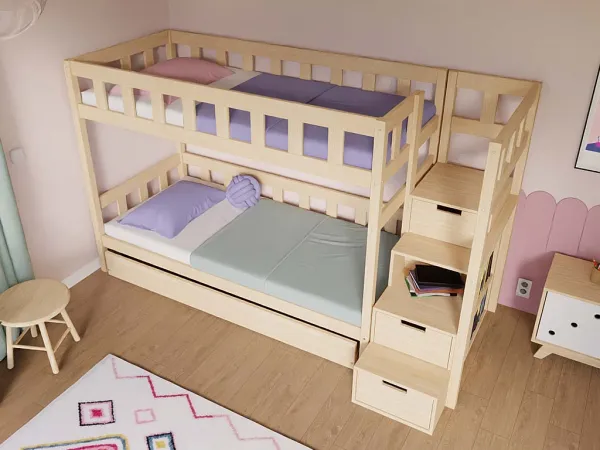 Benlemi Drevená poschodová posteľ PLOTTY s úložnými schodmi 90x200 cm Zvoľte farbu: Nelakovaná, Zvoľte šuplík: Dvojitý úložný šuplík, Zvoľte stranu: …