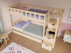 Benlemi Drevená poschodová posteľ PLOTTY s úložnými schodmi 90x200 cm Zvoľte farbu: Nelakovaná, Zvoľte šuplík: Dvojitý úložný šuplík, Zvoľte stranu: …