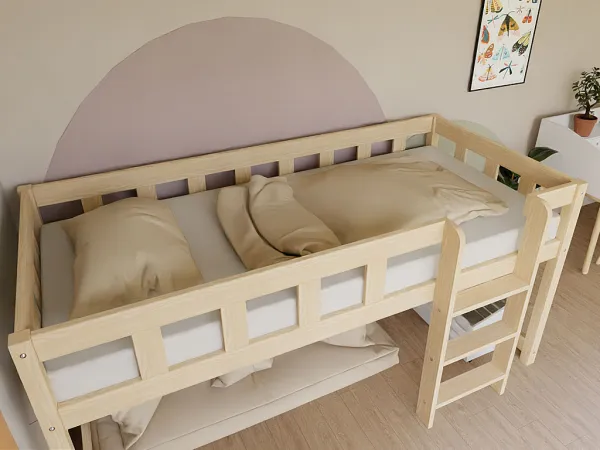 Benlemi Nízka vyvýšená posteľ PLOTTY s rebríkom 90x200 cm Zvoľte farbu: Nelakovaná, Zvoľte variantu: Bez závesu, Zvoľte stranu: Vpravo