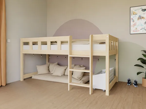 Benlemi Nízka vyvýšená posteľ PLOTTY s rebríkom 90x200 cm Zvoľte farbu: Biela, Zvoľte variantu: Bez závesu, Zvoľte stranu: Vľavo