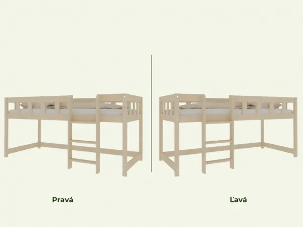 Benlemi Nízka vyvýšená posteľ PLOTTY s rebríkom 90x200 cm Zvoľte farbu: Nelakovaná, Zvoľte variantu: Bez závesu, Zvoľte stranu: Vpravo