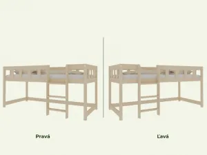 Benlemi Nízka vyvýšená posteľ PLOTTY s rebríkom 90x200 cm Zvoľte farbu: Nelakovaná, Zvoľte variantu: Bez závesu, Zvoľte stranu: Vpravo