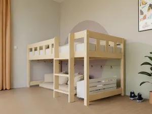 Benlemi Nízka vyvýšená posteľ PLOTTY s rebríkom 90x200 cm Zvoľte farbu: Nelakovaná, Zvoľte variantu: Bez závesu, Zvoľte stranu: Vpravo
