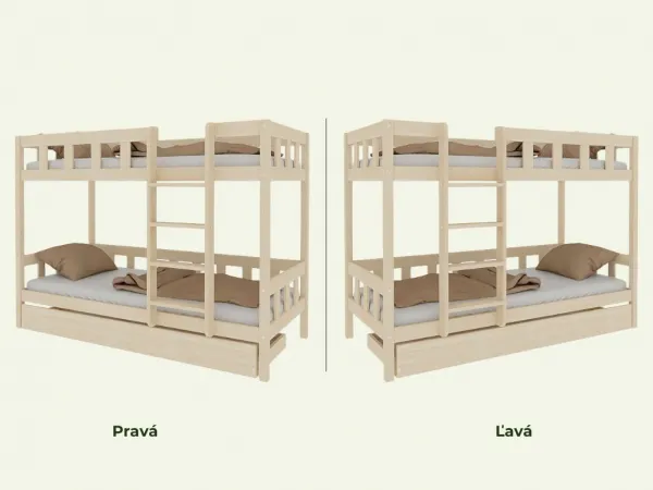 Benlemi Poschodová posteľ PLOTTY s rebríkom 90x200 cm Zvoľte farbu: Nelakovaná, Zvoľte šuplík: Bez šuplíka, Zvoľte stranu: Vpravo