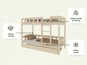 Benlemi Poschodová posteľ PLOTTY s rebríkom 90x200 cm Zvoľte farbu: Nelakovaná, Zvoľte šuplík: Bez šuplíka, Zvoľte stranu: Vpravo