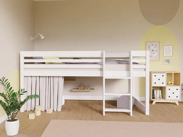 Benlemi Nízka vyvýšená posteľ TULY s rebríkom 90x200 cm Zvoľte farbu: Nelakovaná, Zvoľte variantu: Bez závesu, Zvoľte stranu: Vľavo