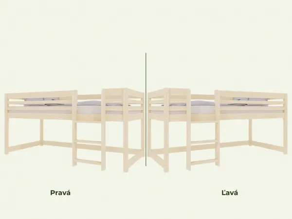 Benlemi Nízka vyvýšená posteľ TULY s rebríkom 90x200 cm Zvoľte farbu: Nelakovaná, Zvoľte variantu: Bez závesu, Zvoľte stranu: Vľavo