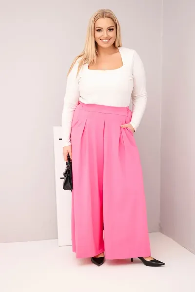 Kesi Włoski Dámske bavlnené nohavice Plus Size so širokými nohavicami a voľným strihom svetloružové