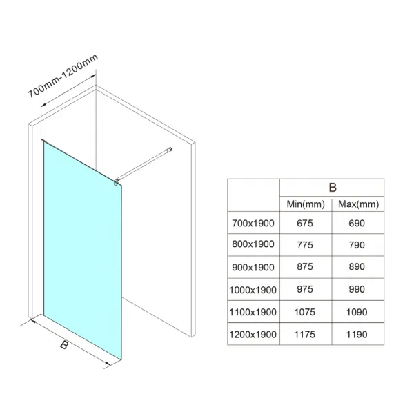 AQUALINE - WALK-IN stena na inštaláciu na múr so vzperou, jednodielna, 1200x1900, sklo Brick WI120