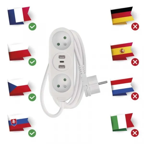 EMOS Prodlužovací kabel s 2 zásuvkami, 2 USB a USB-C Taylor 2 m bílý