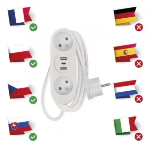 EMOS Prodlužovací kabel s 2 zásuvkami, 2 USB a USB-C Taylor 2 m bílý