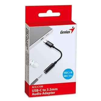 USB/Audio převodník, USB C samec - Jack (3.5mm) samice, stereo, černá, Genius ACC-C100