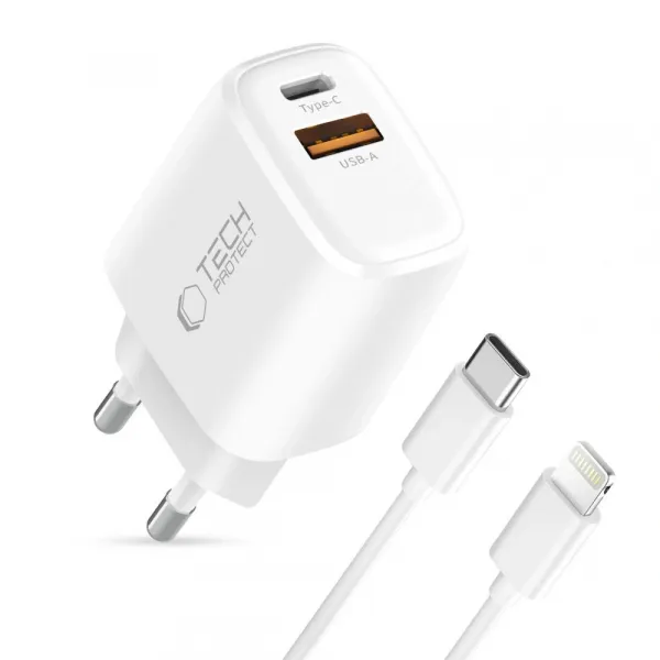 Tech-Protect NCA45W GaN sieťová nabíjačka USB / USB-C 45W PD QC + kábel Lightning, biela