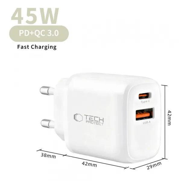 Tech-Protect NCA45W GaN sieťová nabíjačka USB / USB-C 45W PD QC + kábel Lightning, biela