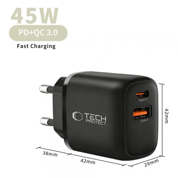 Tech-Protect NCA45W GaN sieťová nabíjačka USB / USB-C 45W PD QC, čierna
