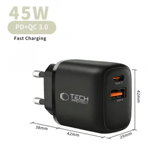 Tech-Protect NCA45W GaN sieťová nabíjačka USB / USB-C 45W PD QC, čierna