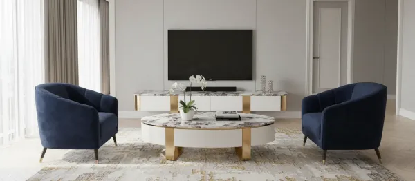 LivinHill Konferenčný stolík Stilig SR923 150 cm biely/zlatý/mramor