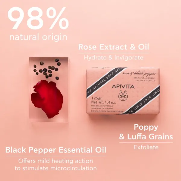 Apivita Natural Soap Rose & Black Pepper čistiace tuhé mydlo 125 g